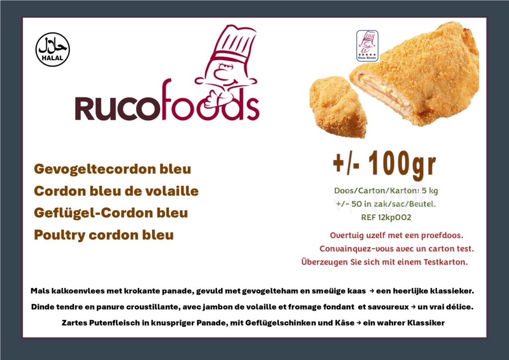 Gevogelte cordon bleu met ham en kaas, heerlijk krokant en smeuïg. Cordon bleu de volaille au jambon et fromage, croustillant et fondant. Geflügel-Cordon bleu mit Schinken und Käse, knusprig und zart. Poultry cordon bleu with ham and cheese, crispy and tender.