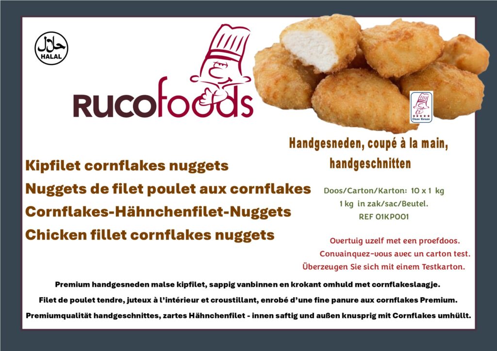 Premium handgesneden malse kipfilet, sappig vanbinnen en krokant omhuld met een cornflakeslaagje. Filet de poulet tendre, juteux à l’intérieur et croustillant, enrobé d’une fine panure aux cornflakes de qualité Premium. Premiumqualität handgeschnittenes, zartes Hähnchenfilet, innen saftig und außen knusprig mit Cornflakes umhüllt. Premium hand-cut chicken fillet, juicy inside and crispy with a cornflakes coating.