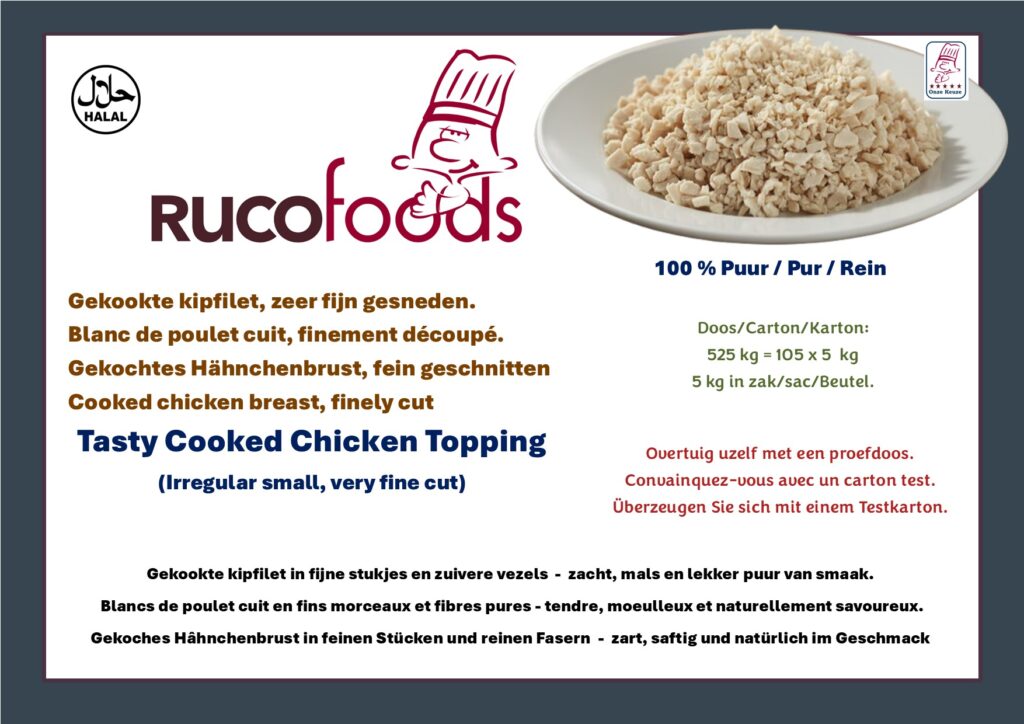 Rucofoods gekookte kipfilet in fijne stukjes en zuivere vezels op witte schaal. Rucofoods blanc de poulet cuit en fins morceaux et fibres pures sur assiette blanche. Rucofoods gekochte Hähnchenbrust in feinen Stücken und reinen Fasern auf weißem Teller. Rucofoods cooked chicken breast in fine pieces and pure fibers on white plate