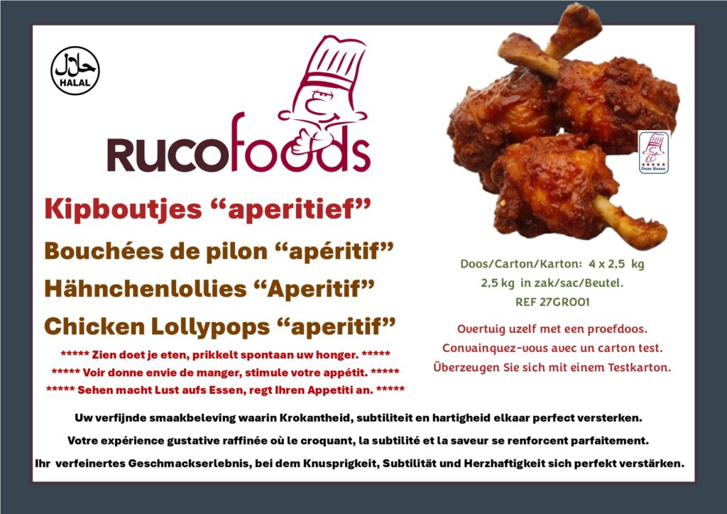 Kippenboutjes voor aperitief van Rucofoods, gepresenteerd in close-up met krokante afwerking, naast productinformatie en REF 27GROO1. Bouchées de pilon pour apéritif de Rucofoods, montrées en gros plan avec texture croustillante, à côté d’informations produit et REF 27GROO1. Hähnchenlollies von Rucofoods für den Aperitif, in Nahaufnahme mit knuspriger Oberfläche, neben Produktangaben und REF 27GROO1. Chicken lollipops for aperitif from Rucofoods, shown in close-up with crispy coating, next to product information and REF 27GROO1.